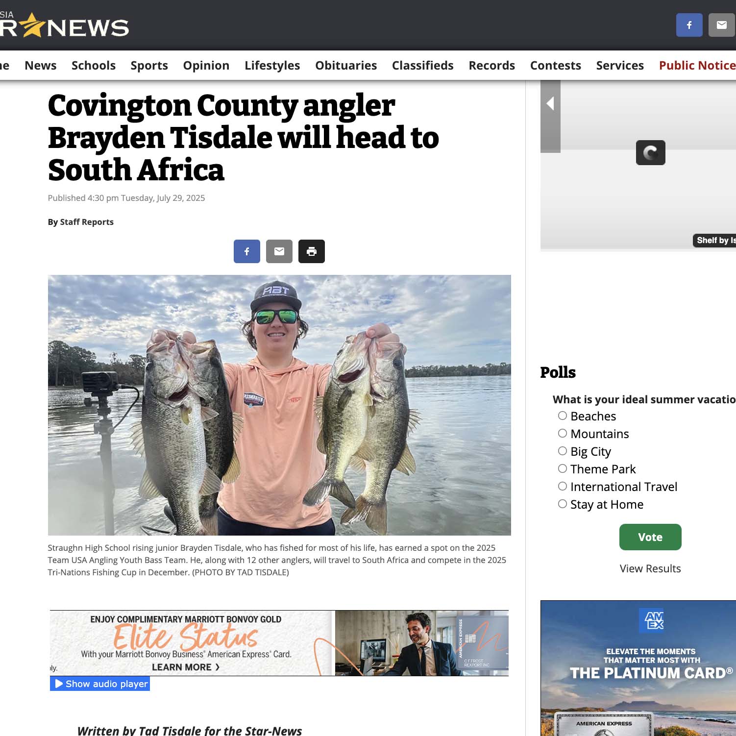 Covington County angler Brayden Tisdale will head to South Africa